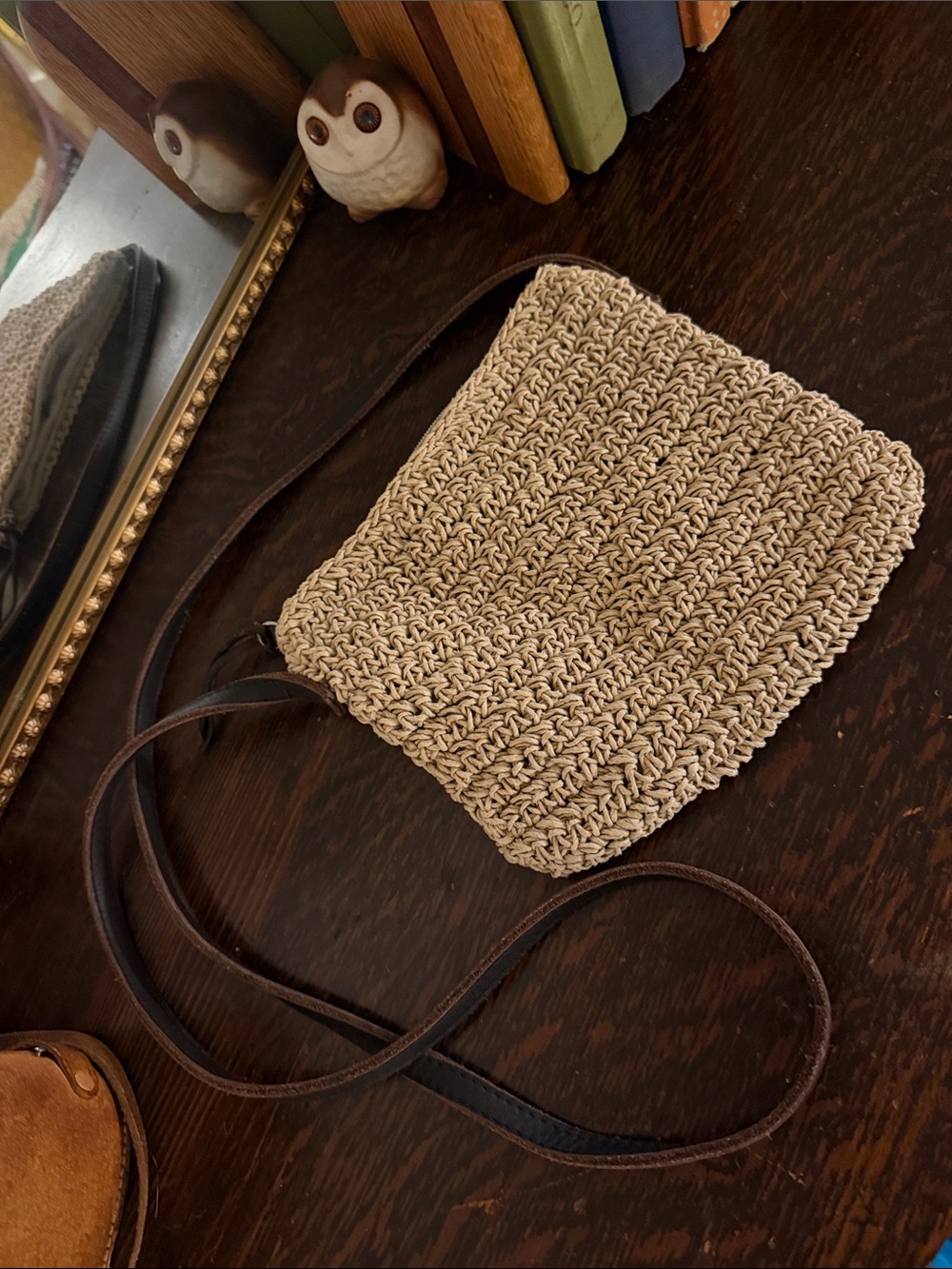 Vintage Eddie Bauer Woven Straw Crossbody Bag with Brown Strap